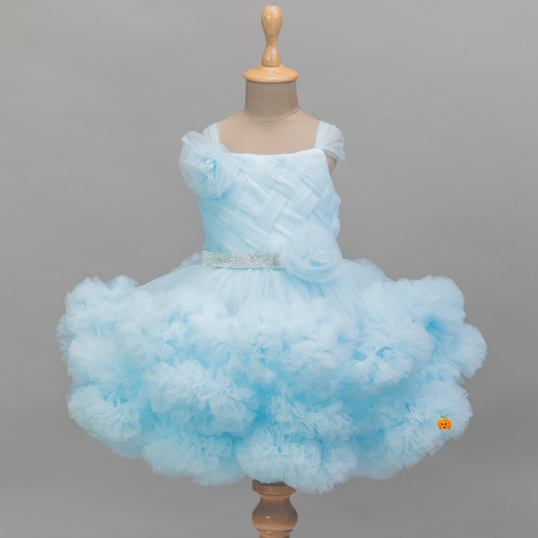 Wine & Sky Blue Frill Frock for Girls