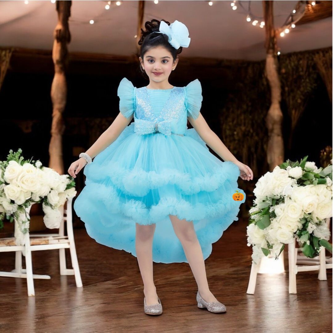 Turquoise High Low Pattern Girls Frock