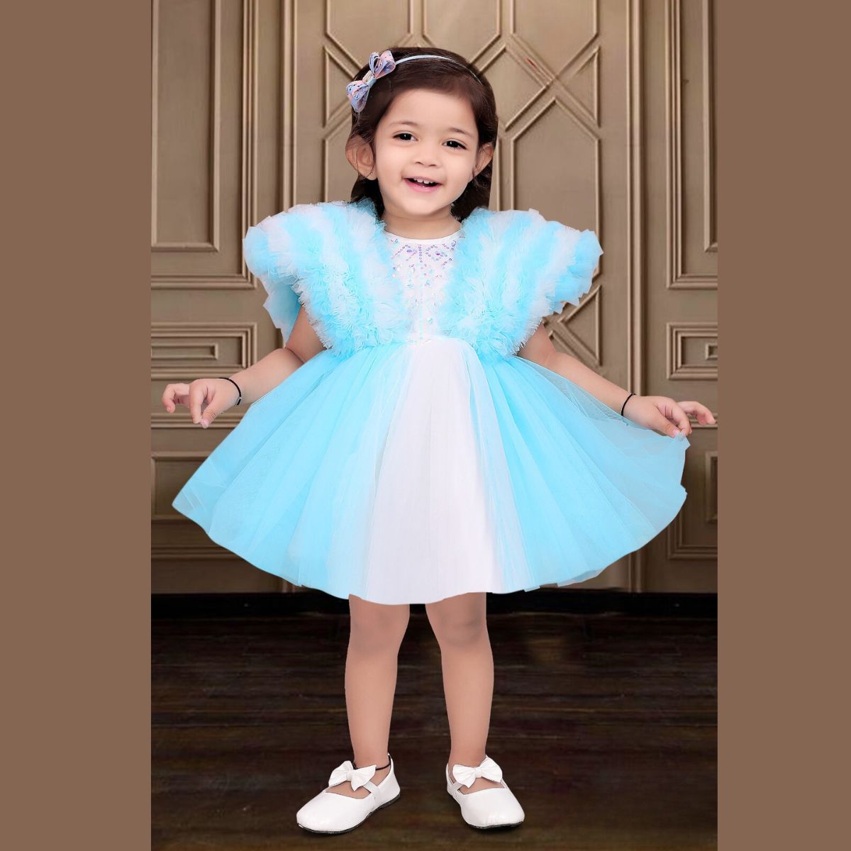 Buy Peach & Turquoise Ruffled Sleeves Frock for Girls – Mumkins