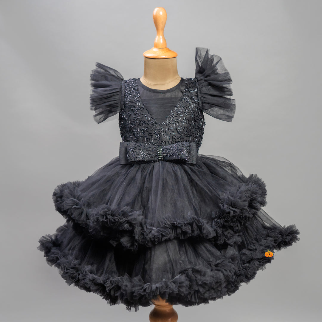 Black Frill Sleeves Layered Frock for Girls