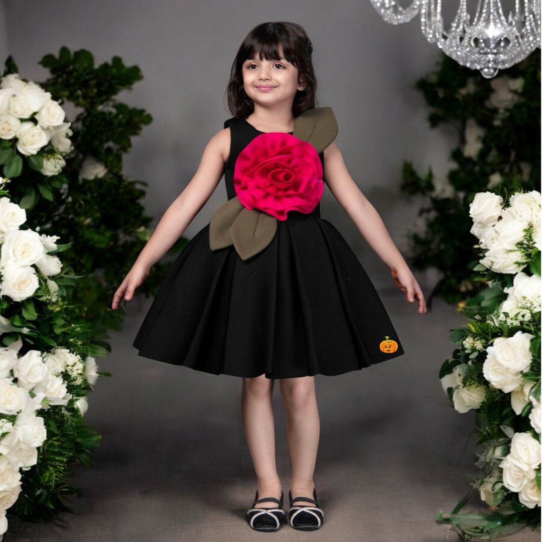 Black and Cream Flower Embossed Girls Frock