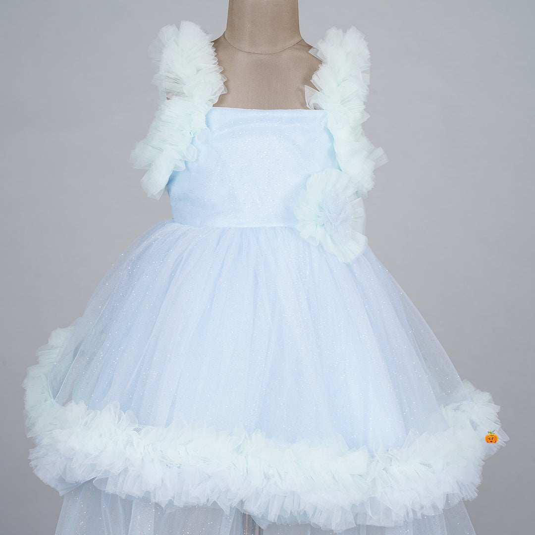 Sky Blue Layered Frill Net Girls Frock Close Up 