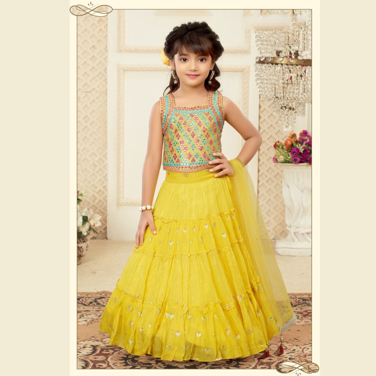 Buy BownBee Girls Silk Pavda Pattu Lehenga Choli South Indian Traditional  Ethnic Dress for Kids with Half Sleeves, Round neck, Back Hook Closure  Dresses for Baby Girl (Light Green, 5-6 Years) at