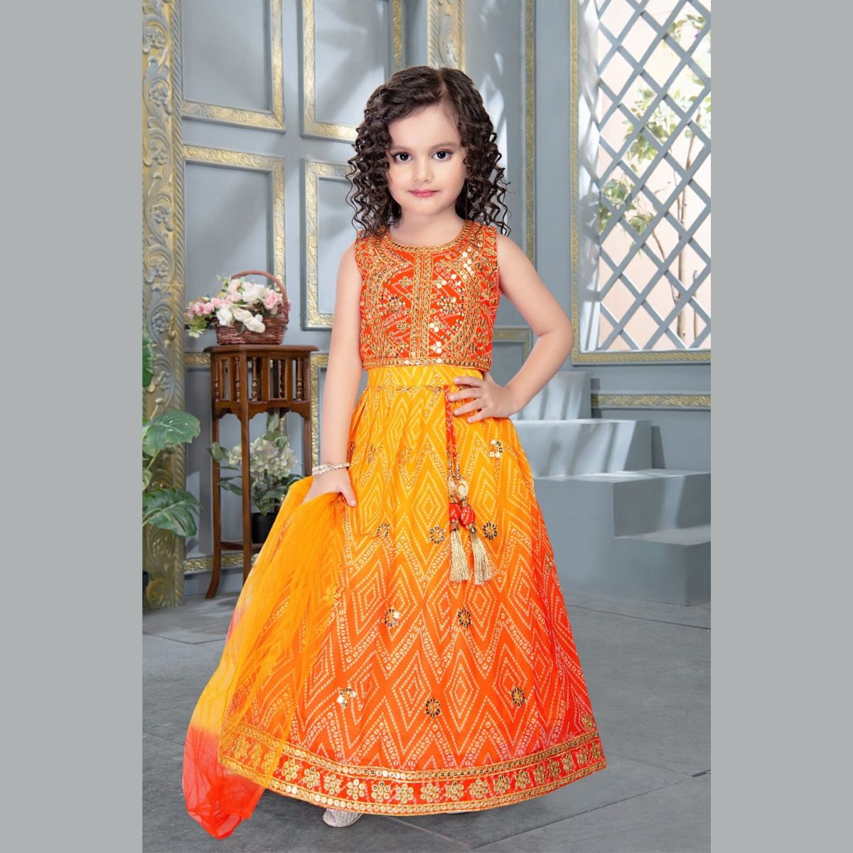Buy Yellow Georgette Embroidered Thread Work Bandhani Lehenga Set For Girls  by Free Sparrow Online at Aza Fashions.