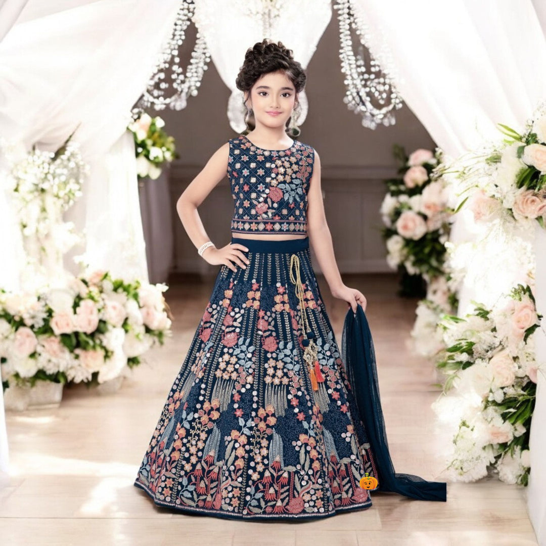 Blue Embroidered Girls Lehenga Choli