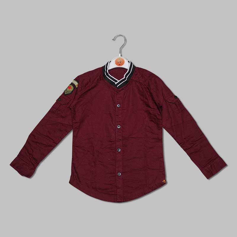 Solid Dark Maroon Full Sleeves Mandarin Collar Shirt for Boys Variant Front View