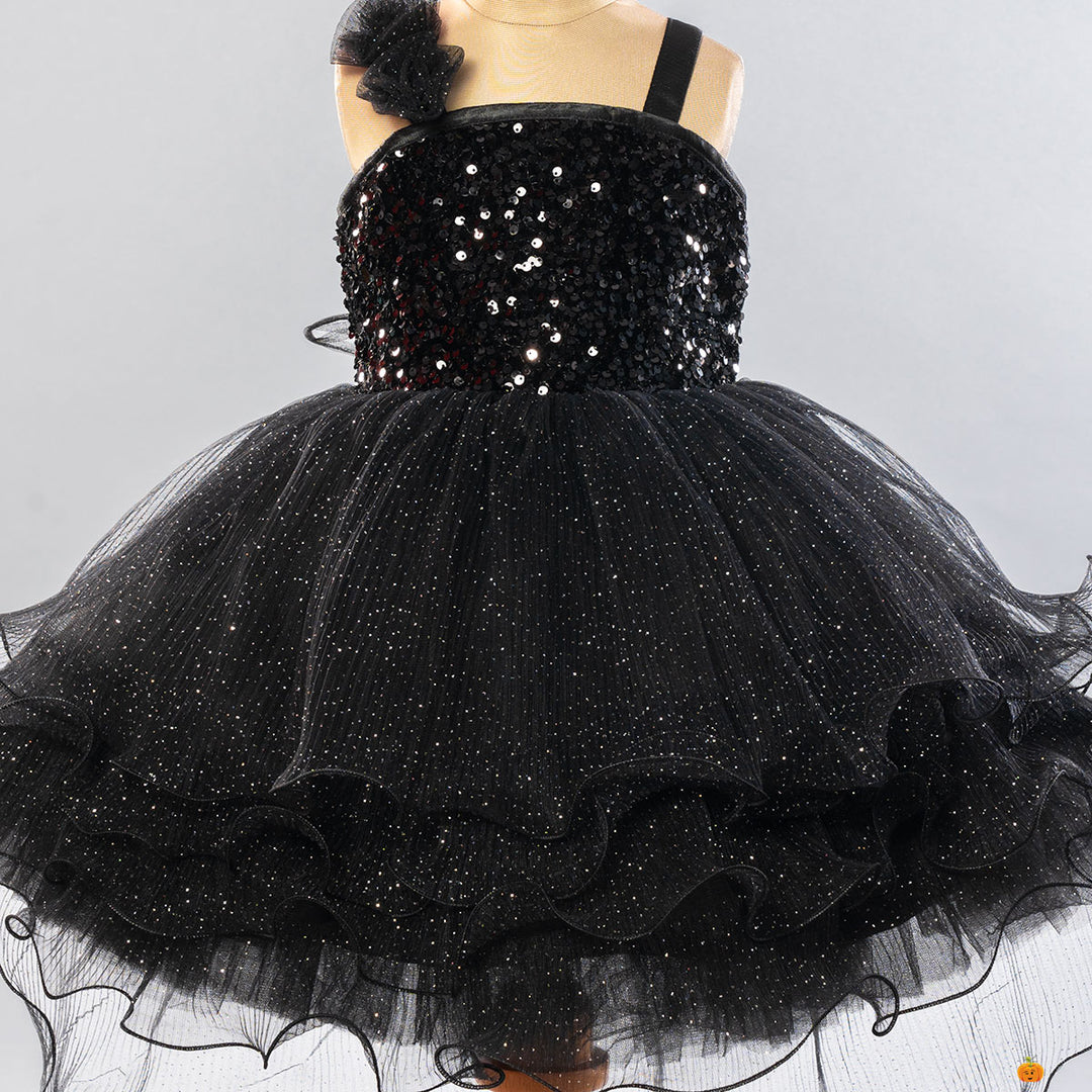 Black Sequin Sparkling Girls Frock Close Up View