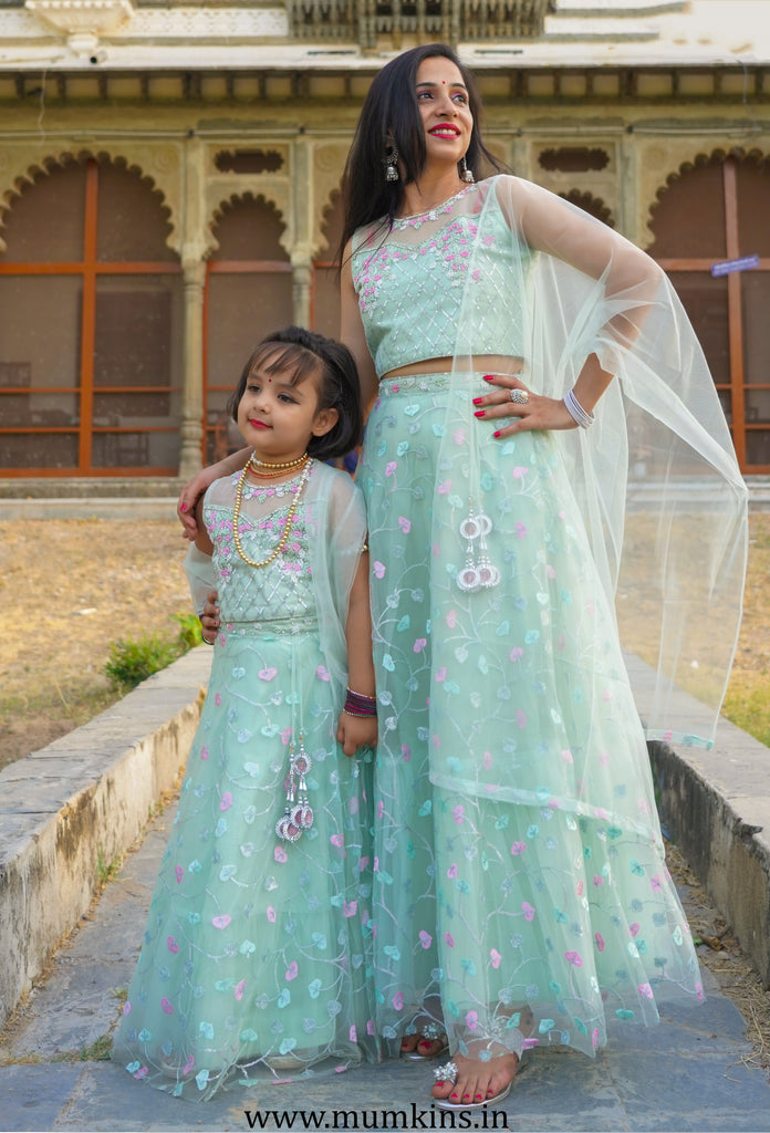 Dusty Cream Lehenga For Mother And Daughter BP3516 | Mother daughter dress, Mother  daughter dresses matching, Mother daughter matching outfits