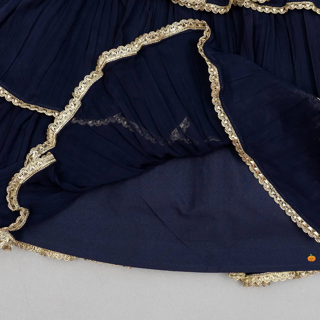 Navy Blue Layered Girls Lehenga Choli Bottom Close Up View