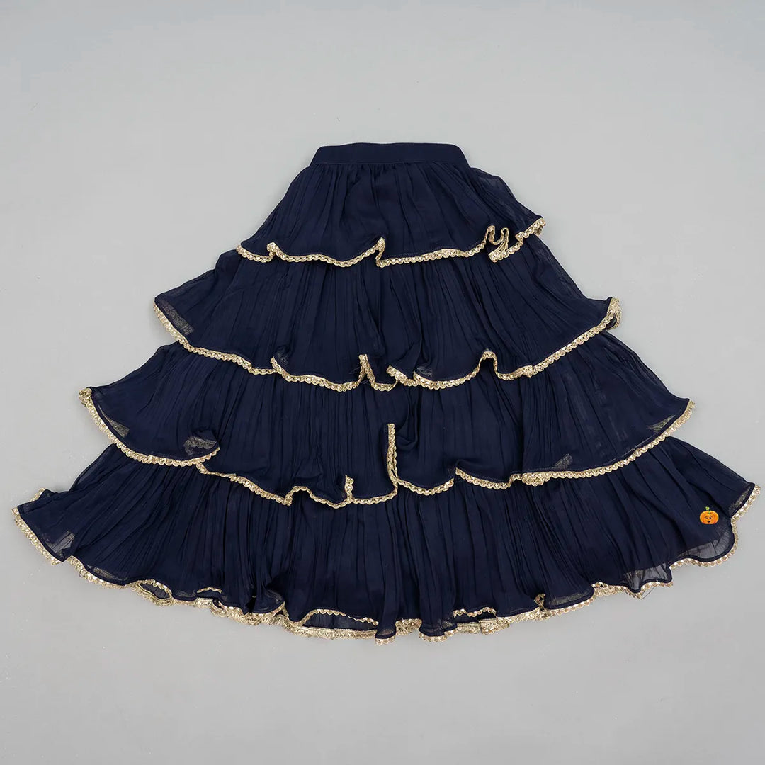 Navy Blue Layered Girls Lehenga Choli Bottom View