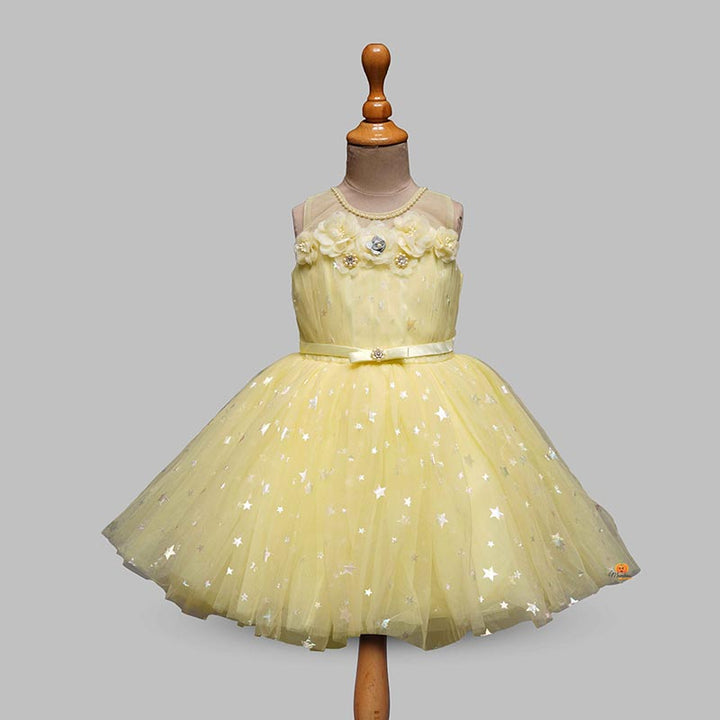 Magic Stars in Party Wear Frock with Flowers Yellow