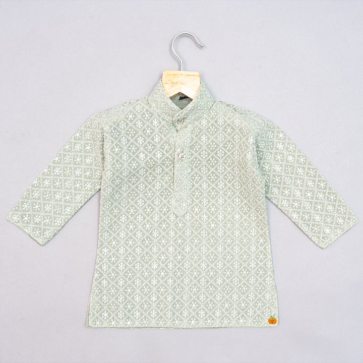 Pista Chikankari Embroidered Boys Kurta Pajama Top View