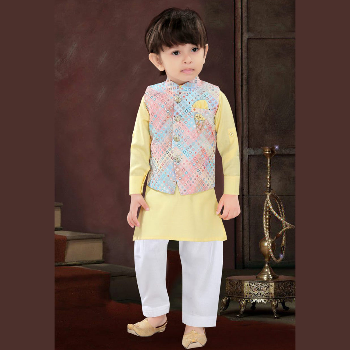 Buy Full Sets Ethnic Wear Attached Jacquard Jacket Kurta Pajama for Boys-  Yellow Clothing for Boy Jollee