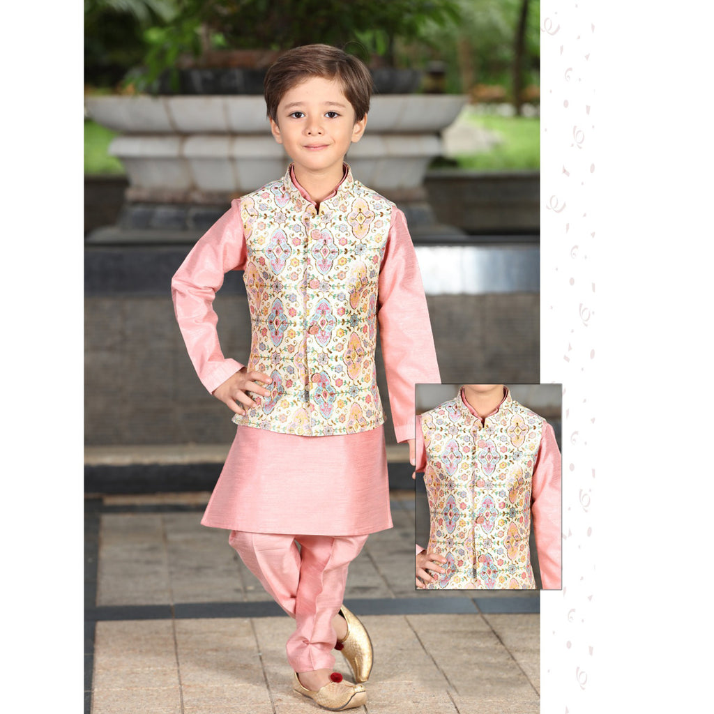 Plain Boys Kurta Pajama with Detailed Design Nehru Jacket