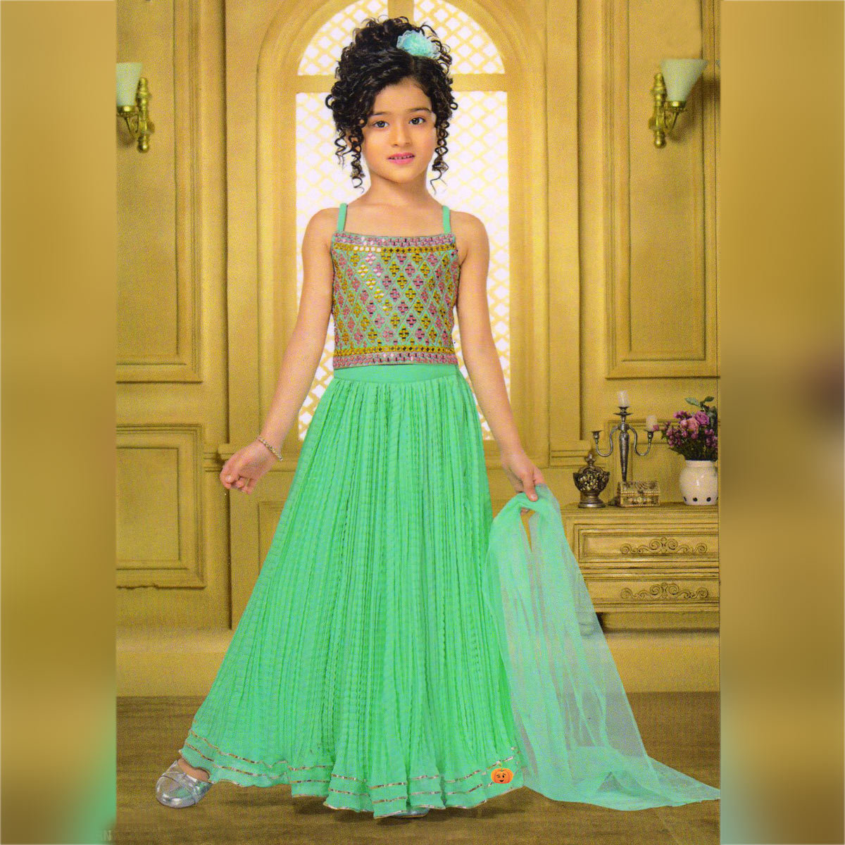 Green readymade banaras lehenga with jacquard design skirt,round-neck  sleeveless jacquard crop top & floral jaal dupatta