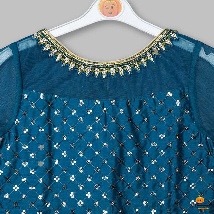 Blue & Yellow Girls Gharara Dress Close Up View