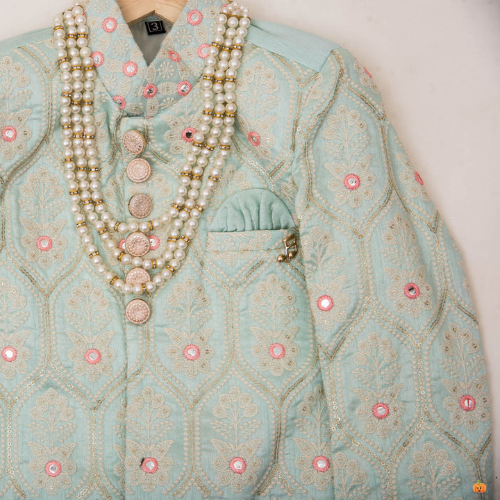 Sea Green Sherwani for Boys Close Up View