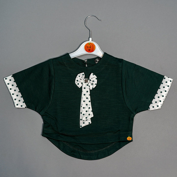 Half Sleeves Baby Girl Tops with Bow Tie Front View